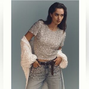 NWT Anthropologie Silver Maeve Sequin Tee